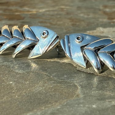 D'Molina ~ Vintage Mexico Sterling Silver Articulated Fish Bone Skeleton Post / Stud Earrings 