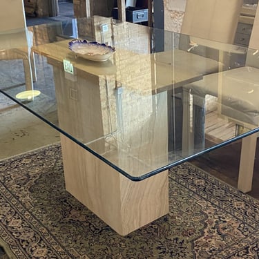 Glass Top Dining Table w Travertine Base