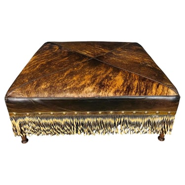 French Provincial Style Cowhide Leather Fringe Cocktail Ottoman Bench 