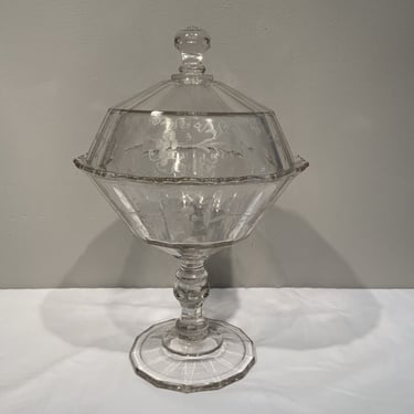 Antique EAPG glass Lidded Compote with Etched Leaves Ribbon and Berries, early American pattern glass, elegant candy dish, gifts for mom 