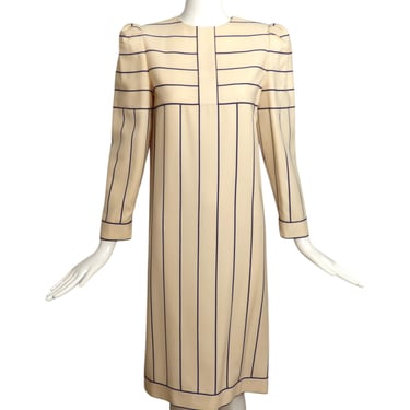 BILL BLASS- 1980s Navy & Ivory Wool Stripe Dress, Size 8