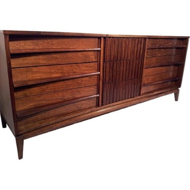 Free Shipping Within Continental US - (Available by online purchase only)Vintage Mid Century Modern Walnut 9 Drawer Lowboy Dresser 