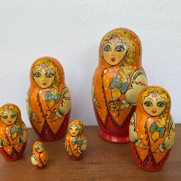 Vintage Russian Nesting Dolls, Matryoshka Wooden Russian Dolls, Hand painted, Bone With Braid 