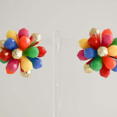 1960s  Rainbow Plastic Bead Cluster Clip Earrings 