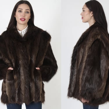 Oversized 80s Genuine Beaver Coat, Long Plush Dark Brown Fur, Shaggy Cropped Bomber Jacket L 