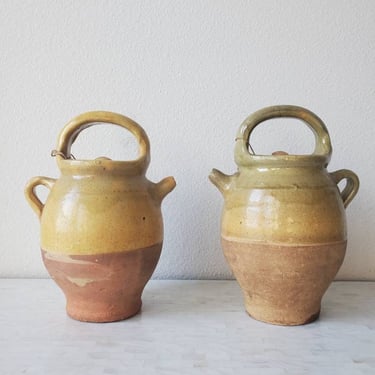 Pair of 19th Century French Provincial Half Straw Glazed Pottery Gargoulette Water Jugs 