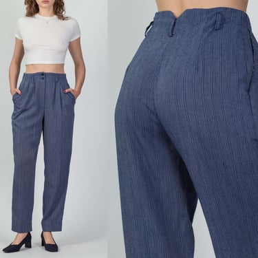 Vintage Blue & White Pinstripe Pleated Pants - Small, 26" | 80s 90s High Waist Tapered Leg Striped Trousers 