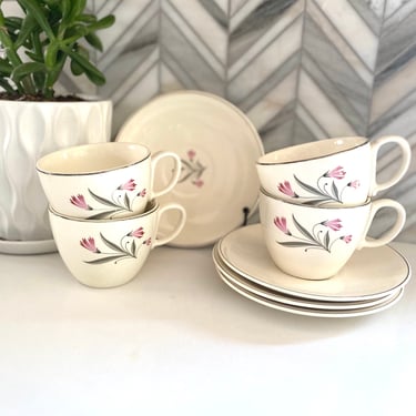 MYERLING Pink Crocus Cups and Saucers, Set of 4, Ivory Porcelain, Flower, Flowers, Gray Leaves, Platinum Trim, Mid Century, MCM, Dinnerware 