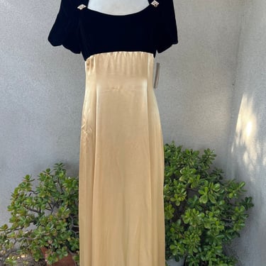 Vintage maxi long dress gold satin black velvet empire waist bodice rhinestones accents Jessica McClintock Bridal NWT Medium 
