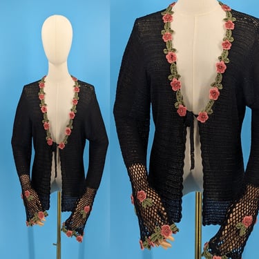 Y2K Sue Wong Large Black Rayon Crochet Cardigan with Bell Sleeves and Flower Trim 