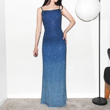 vintage 90s blue silk ombre gradient fairy beaded formal gown maxi dress by cache 