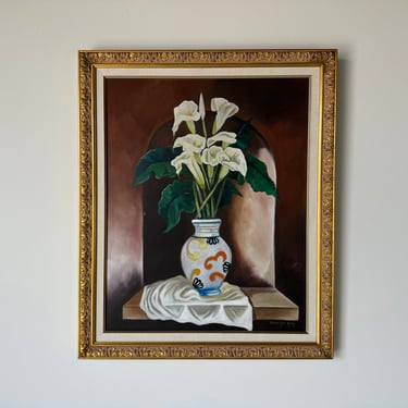 Domingo Russo Still Life with Calla Lily - Oil on canvas Painting, Framed 