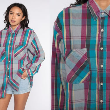 Blue Plaid Shirt 90s PLAID Flannel Long Sleeve Grunge Cpo Lumberjack Cotton Long Sleeve Button Up Vintage 1990s Extra Large xl l 