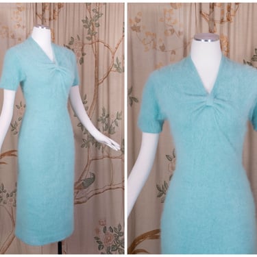 1950s Sweater Dress - Exceptional LUISA SPAGNOLI Vintage 50s Fuzzy Angora Sweater Dress in Aqua Rare Find 