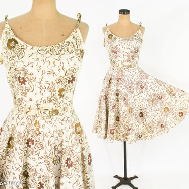 1950s Creme & Gold Screen Print Dress | 50s Beige Gold Flower Sundress | I. Magnin | Small 