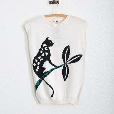 80s cotton ramie Panther knit sweater | Vintage 1980s deadstock knit Panther top 