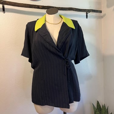 Vintage USA Navy Blue Pinstripe Short Sleeve Bow Wrap Blouse Lime Green Size 20 