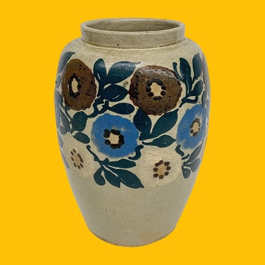Vintage Vase Retro 1960s Farmhouse + Country + Ceramic + Beige + Blue/White/Brown Flowers + Home Decor + Flower Display + Made in France 