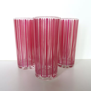 Set Of 3 Mid Century Modern Striped Cocktail Glasses, Atomic Pink Pinstriped Tall Tumblers 