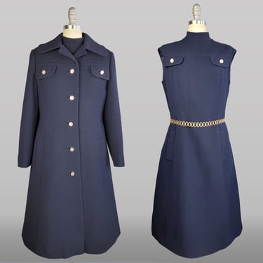 1960s Dress Set / 1960s Shift Dress / Dress With Matching Coat / 1960s Navy Dress and Coat / Size Large 