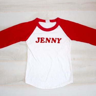 Vintage 80s Raglan T Shirt, Velvet Letter, Jenny, Red & White, 1980s, Single Stitch, Graphic, Tee, Kids, X-Small 