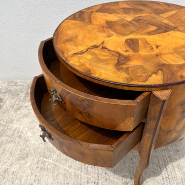 Round Burl Side Table with Drawers