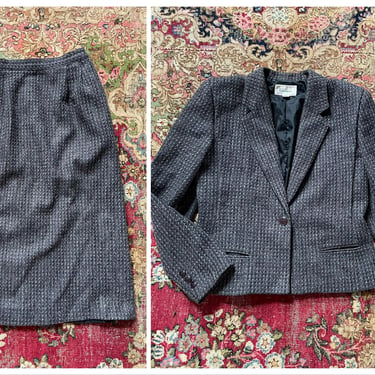 Vintage ‘80s tweedy wool skirt suit | black, gray & dusty purple, blazer with matching skirt, 80s costume, ladies XS/S 