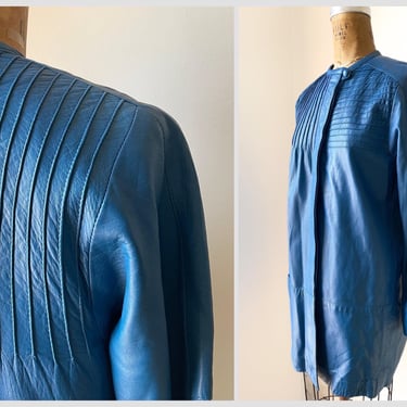 Vintage ‘80s blue leather jacket | high end designer car coat, butter soft leather, S/M petite 