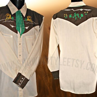 Ely Plains Vintage Western Men's Cowboy Shirt, Old West Embroidered Design, Cactus & Wagons, 16.5-34.5, Approx. X-Large (see meas. photo) 