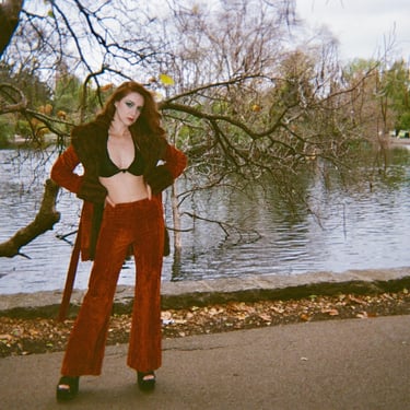 1960's Velvet Pant Suit / Penny Lane Coat with Fur Collar and Cuffs with Mid Rise Bell Bottom Trousers 