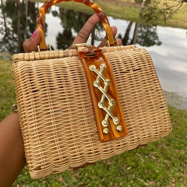 Vintage Straw Purse with Bakelite Handle Beige Tan Top Handle Bag 