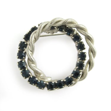 Vintage Silver and Rhinestone Brooch, Dark Blue Pin, Double Circles, Interlocking Circles, Twisted Rope Design, Gift for Her, Something Blue 