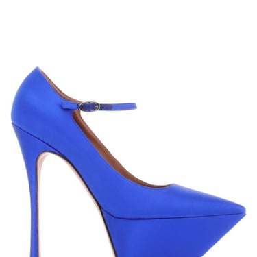 Amina Muaddi Women Electric Blue Satin Yigit Pumps