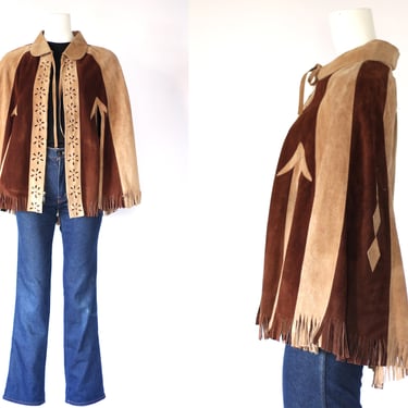 1970s Suede Fringe Trim Cape with Arm Slits - Vintage Tan and Brown Collared Zip Up Cloak - One Size 