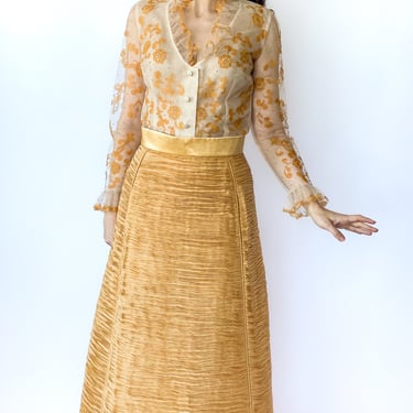 1960s Sybil Connolly Ruched Micro Pleated Gold Set, sz. M