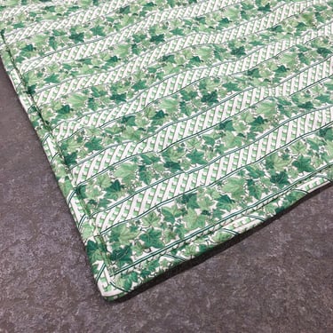 Vintage Bedspread 1970s Retro Twin + Size 84 x 64 +  Green and White + Floral Leaf Print + Stripe + Quilted + Blanket + Bedding and Textiles 