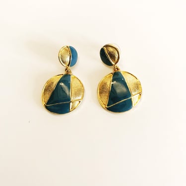 Vintage Drop Gold-tone Blue Enamel Earrings Pierced Double Circle Dangling Earrings Geometric Costume Jewelry Statement Bold Door Knocker 