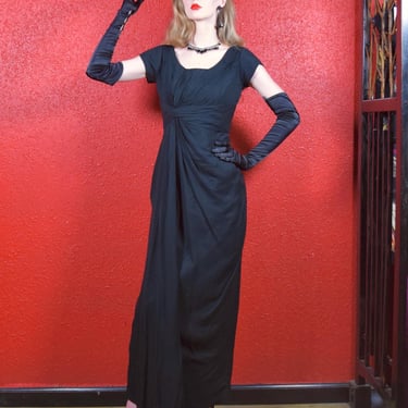 1950s Emma Domb Black Chiffon Draped Evening Gown 