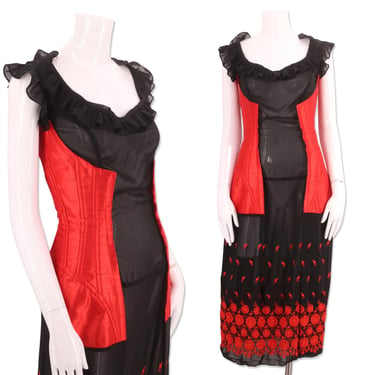 2001 COMME DES GARCONS embroidered corset dress S / vintage 2000s runway red black avant garde Japan midi dress 
