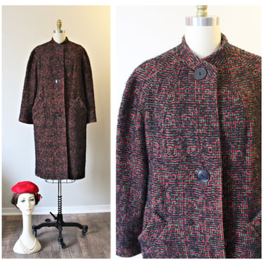 Vintage 1950s Betty Rose Black Red Mohair Woven speckled confetti coat // US 6 8 10  m l 