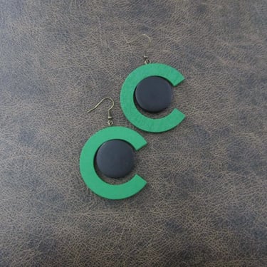 Large geometric wooden earrings, green and black 