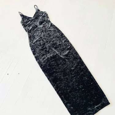 1990s Long Charcoal Grey Crushed Velvet Dress 