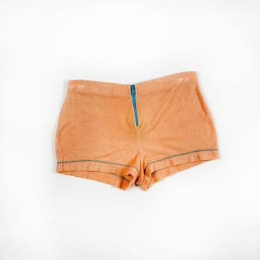 1970s Orange Terrycloth Hot Shorts / Vintage JC Penny / Blue Zipper / Contrast Stitching / Booty Shorts / Rollerskating / Beach / Medium / M 