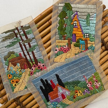 Vintage Cottage Garden Needlepoint, Silk Embroidery Thread Colorful Mini Home And Garden Scenes Set Of 3, Mini Fiber Art 