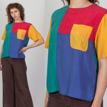 80s Silk Color Block Pocket Shirt - Medium | Vintage Colorful Short Sleeve Retro Top 