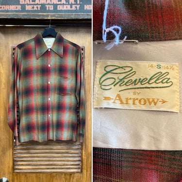 Vintage 1960’s “Arrow Chevella” Shadow Plaid Rayon Rockabilly Shirt, 60’s Vintage Clothing 