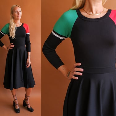 Vintage 70s Roncelli Color Block Dress/ 1970s Long Sleeve Green Red Black Dress/ Size Medium 