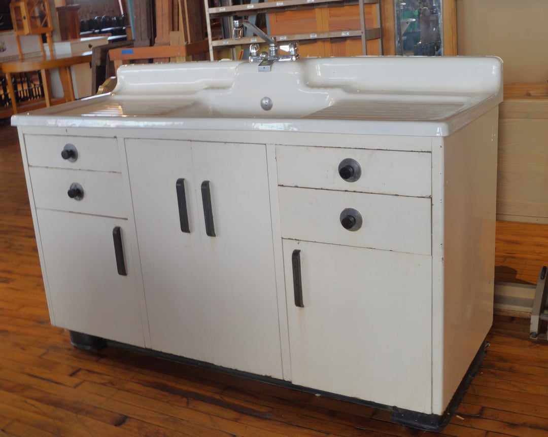 Vintage White Farmhouse Sink w Metal Cabinet Stand | Salvage One ...