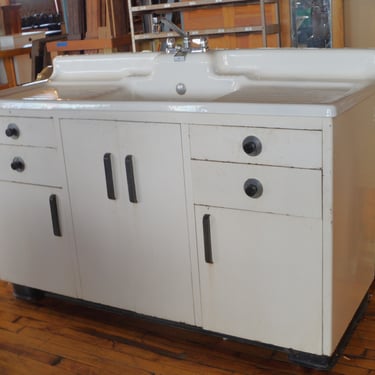 Vintage White Farmhouse Sink w Metal Cabinet Stand