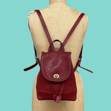 Vintage Coach Backpack Retro 1990s Preppy + Dayback + 9960 + Red + Genuine Leather + Drawstring Bag + Brass Metal + Womens Accessory Purse 